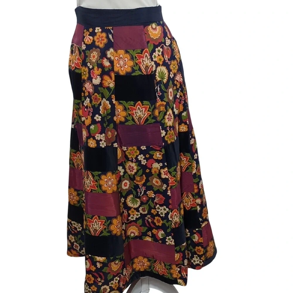 Vintage 70s‎ Velvet Patchwork Wrap Maxi Skirt Bohemian Hippie Florals Festival